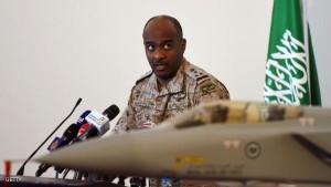 Saudi Brigadier General Ahmed Asiri, spokesman of the Saudi-led coalition forces, speaks to the media next to a replica of a Tornado fighter jet, at the Riyadh airbase in the Saudi capital on March 26, 2014. Speaking to reporters in the Saudi capital, spokesman Ahmed Assiri also said that there were no immediate plans for a ground offensive but that the coalition would not allow any supplies to reach the rebels. AFP PHOTO / FAYEZ NURELDINE        (Photo credit should read FAYEZ NURELDINE/AFP/Getty Images)