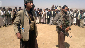Yemeni Houthi tribesmen gather in Amran, fifty kilometres north of the capital Sanaa on April 10, 2014 as they rally against the death of five people that were killed in fighting between Shiite Houthi tribesmen and the Yemeni soldiers the previous day. According to experts, the rebels hold a strong presence in the north of the country and are trying to gain ground to expand their ??influence on the area in the future Yemeni federal government, which must have six province.  AFP PHOTO / GAMAL NOMAN        (Photo credit should read GAMAL NOMAN/AFP/Getty Images)