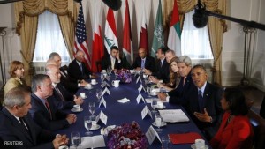 U.S. President Barack Obama speaks as he meets in New York with representatives of the five Arab nations that contributed in air strikes against Islamic State targets in Syria, September 23, 2014. Also pictured are U.S. Secretary of State John Kerry, Jordan's King Abdullah and Iraqi Prime Minister Haider al-Abadi. The United States and its Arab allies bombed Syria for the first time on Tuesday, killing scores of Islamic State fighters and members of a separate al Qaeda-linked group, opening a new front against militants by joining Syria's three-year-old civil war.     REUTERS/Kevin Lamarque  (UNITED STATES - Tags: POLITICS CONFLICT MILITARY CIVIL UNREST)