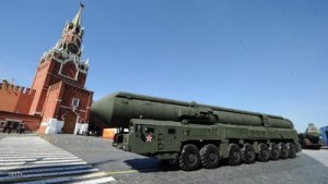 A column of Russia's Topol intercontinental ballistic missile launchers rolls at the Red Square in Moscow, on May 9, 2013, during Victory Day parade. Fighter jets screamed over Red Square and heavy tanks rumbled over its cobblestones as Russia flexed today its military muscle on the anniversary of its costly victory over Nazi Germany in World War II. AFP PHOTO / YURI KADOBNOV (Photo credit should read YURI KADOBNOV/AFP/Getty Images)
