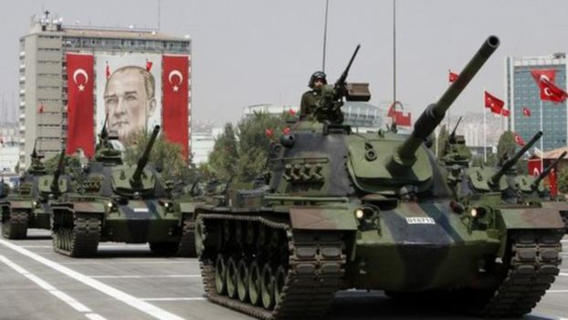 Turkish army tanks roll past a portrait of Mustafa Kemal Ataturk, founder of modern Turkey, during a military parade on the 86th anniversary of Victory Day in Ankara, August 30, 2008. Tensions between Turkey's government and its powerful generals will continue clouding the future of the European Union-applicant country, after the new military commander warned against the rising profile of Islam.   REUTERS/Fatih Saribas  (TURKEY)