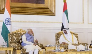 ABU DHABI, UNITED ARAB EMIRATES - August 16, 2015: HH Sheikh Mohamed bin Zayed Al Nahyan, Crown Prince of Abu Dhabi and Deputy Supreme Commander of the UAE Armed Forces (R), meets with HE Narendra Modi, Prime Minister of India (L), at the Presidential Airport. ( Ryan Carter / Crown Prince Court - Abu Dhabi )