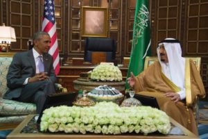 US President Barack Obama (L) speaks with King Salman bin Abdulaziz al-Saud of Saudi Arabia at Erga Palace in Riyadh, on April 20, 2016. Obama arrived in Saudi Arabia for a two-day visit hoping to ease tensions with Riyadh and intensify the fight against jihadists. / AFP / Jim Watson (Photo credit should read JIM WATSON/AFP/Getty Images)