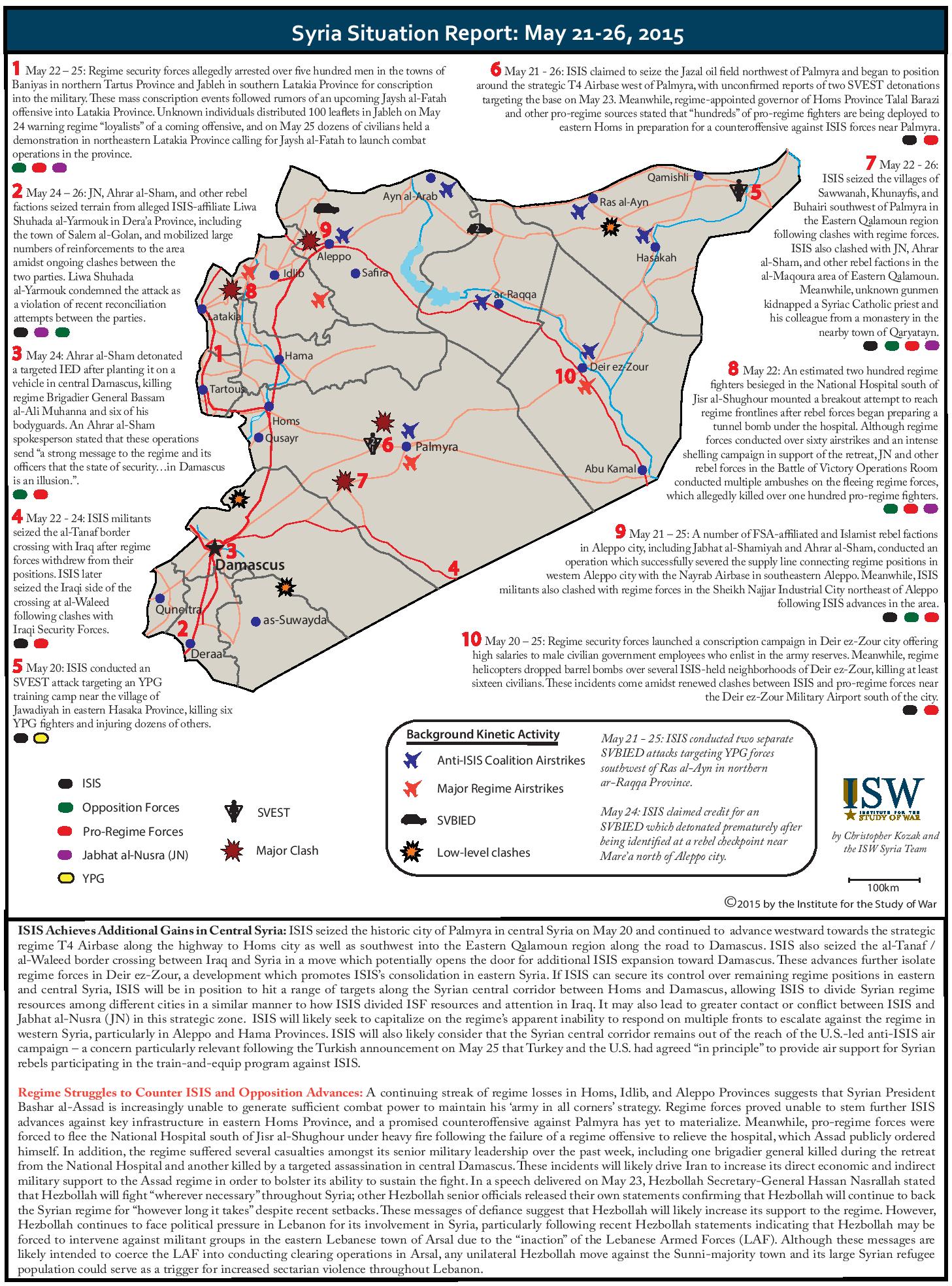 تقرير لمعهد الدراسات الامريكي للحرب يكشف الوضع في سورية خلال الفترة 21-26 ايار/ 2015