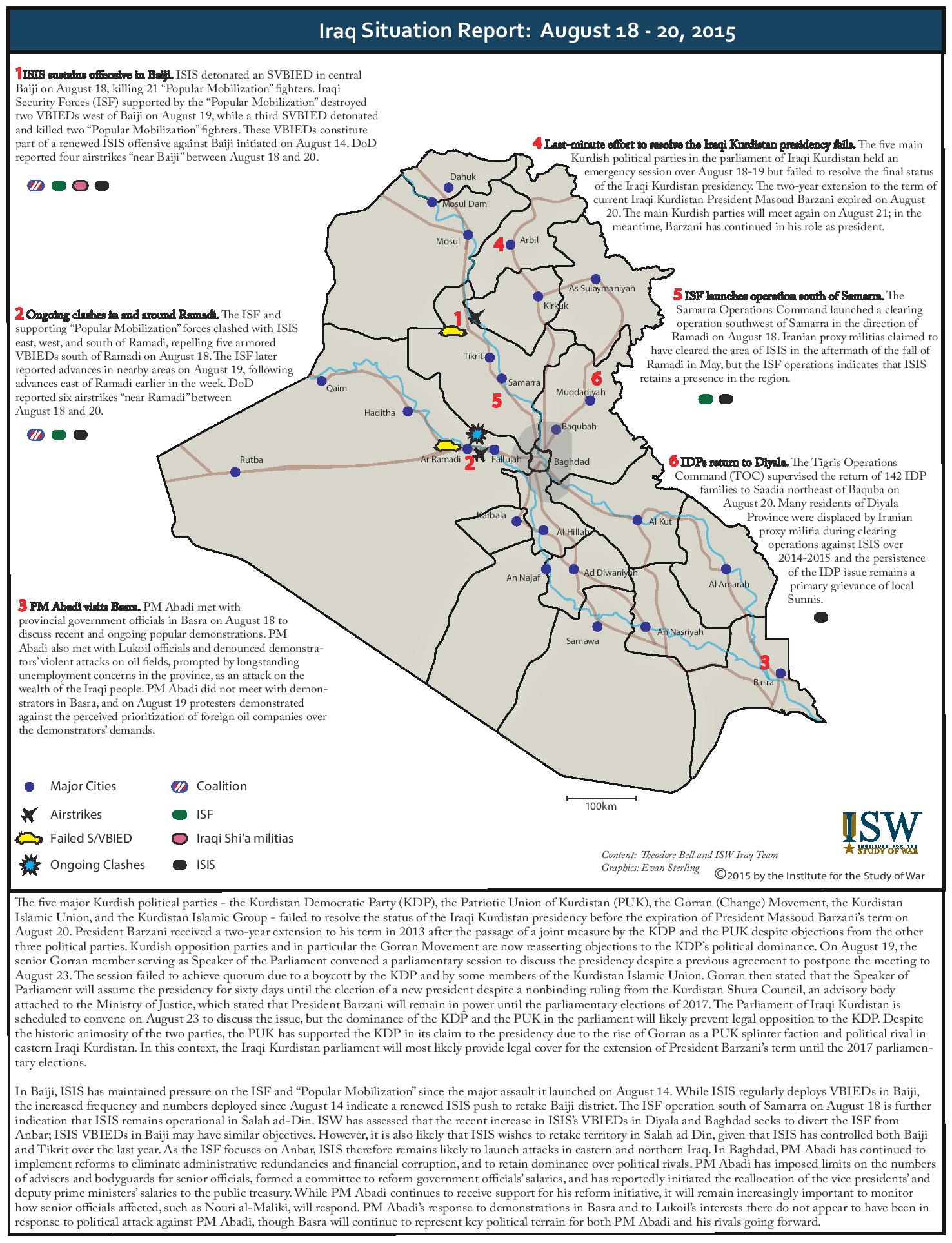 تقرير يكشف الوضع في العراق خلال الفترة 18-20 اب/2015